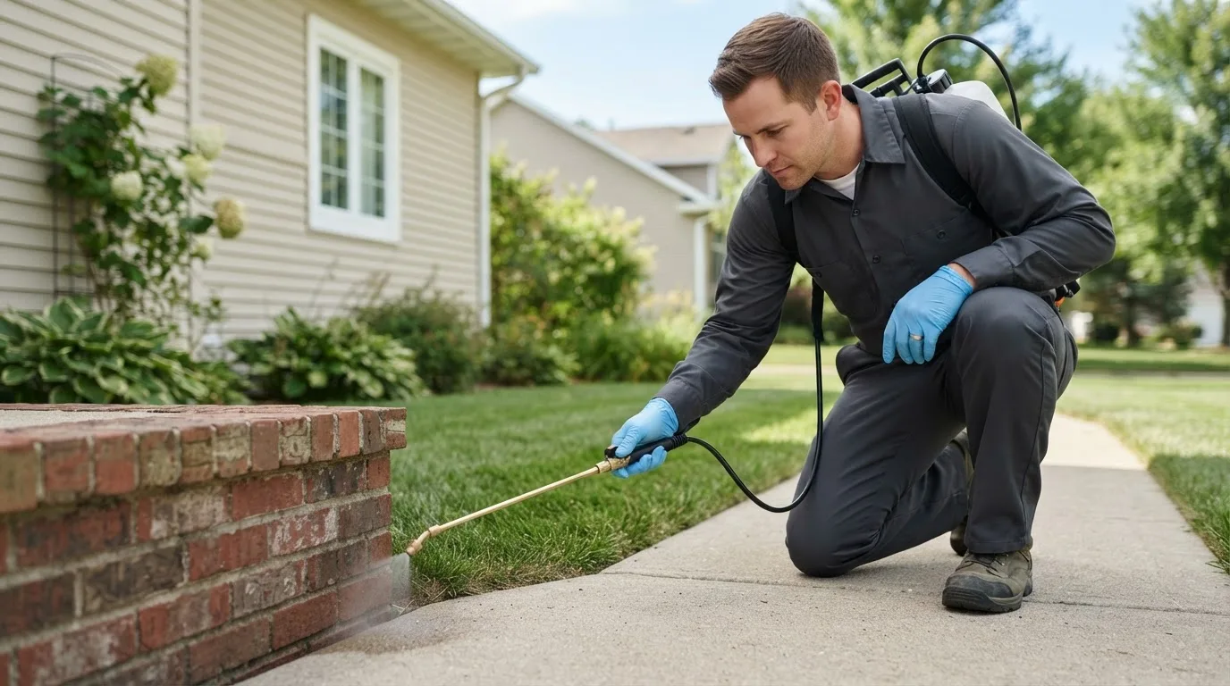 Pest control technician treating a home near Range, AL